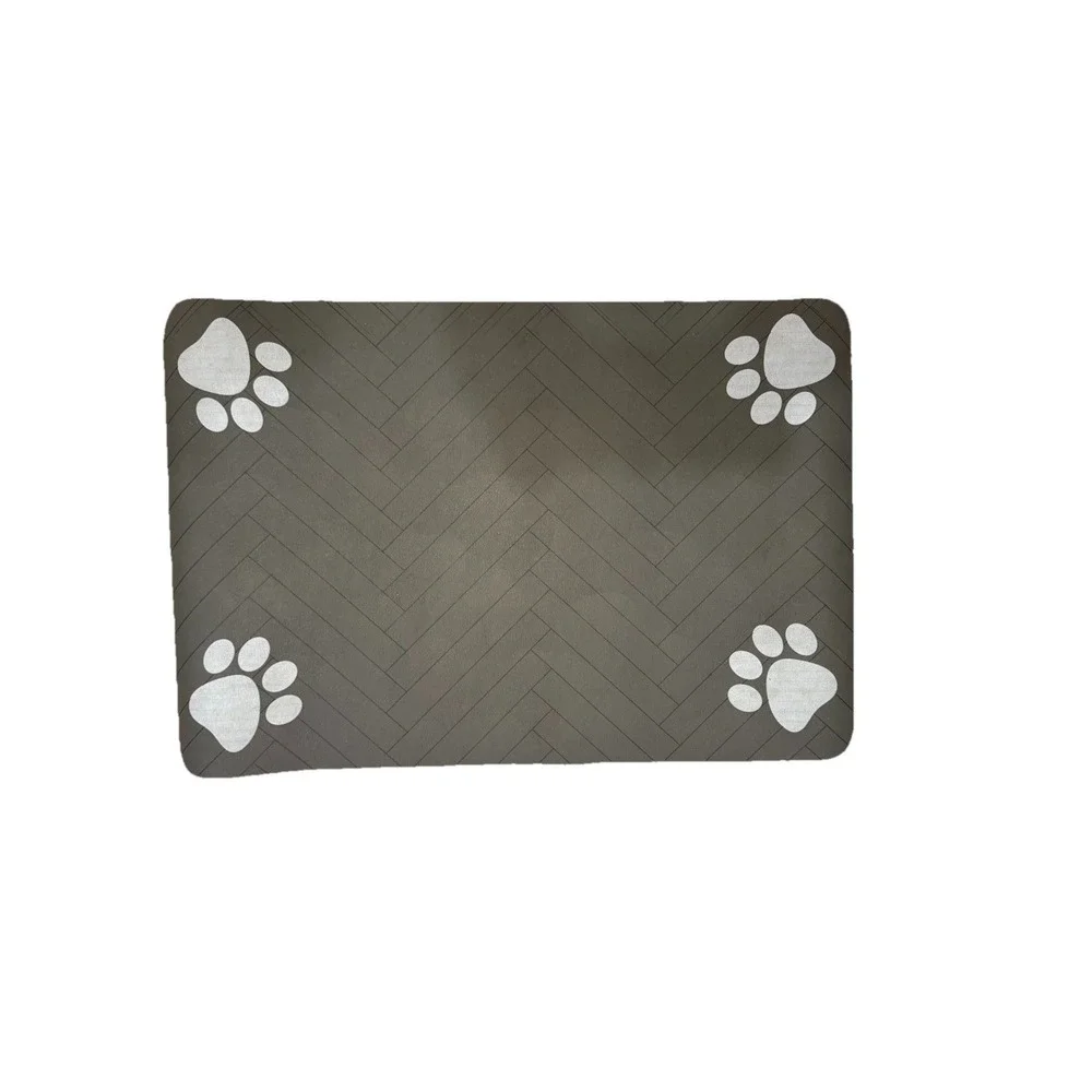 Grey Absorbent Paw Print Pet Food Mat Waterproof Herringbone‎ Design 16x24